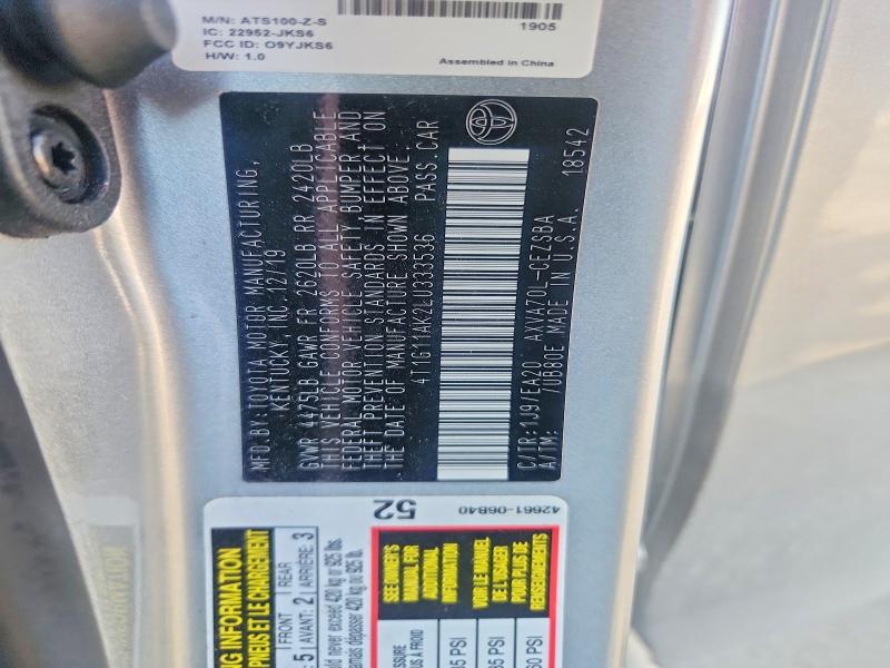 55520616 :رقم المزاد ، 4T1G11AK2LU333536 vin ، 2020 Toyota Camry مزاد بيع