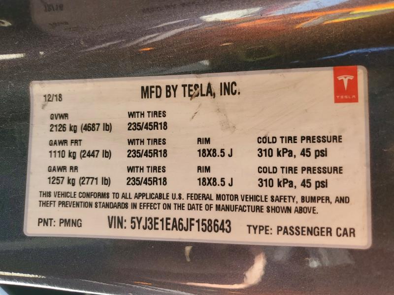 53226146 :رقم المزاد ، 5YJ3E1EA6JF158643 vin ، 2018 Tesla Model 3 مزاد بيع