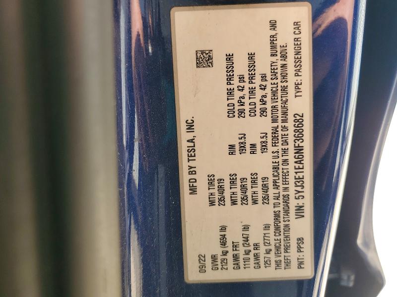 2022 Tesla Model 3 მანქანა იყიდება აუქციონზე, vin: 5YJ3E1EA6NF368682, აუქციონის ნომერი: 54282396