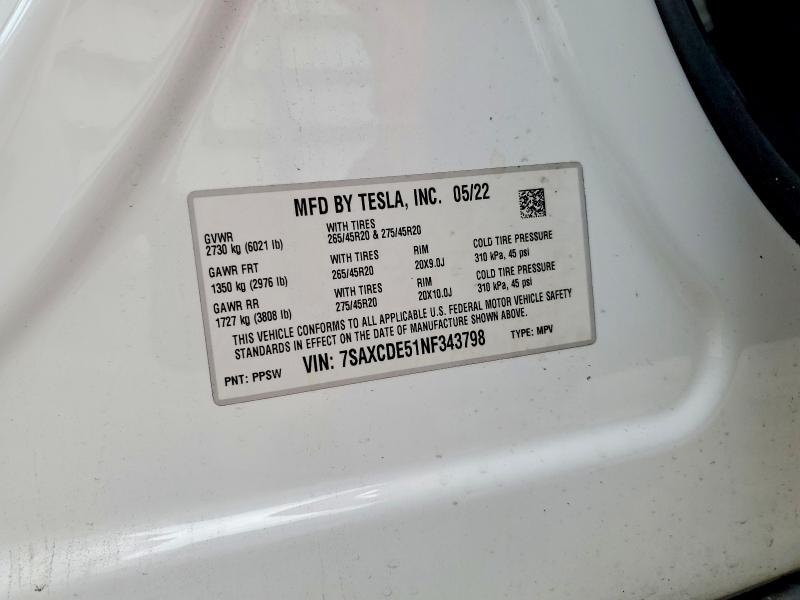 Продажа на аукционе авто 2022 Tesla Model X, vin: 7SAXCDE51NF343798, номер лота: 52883966
