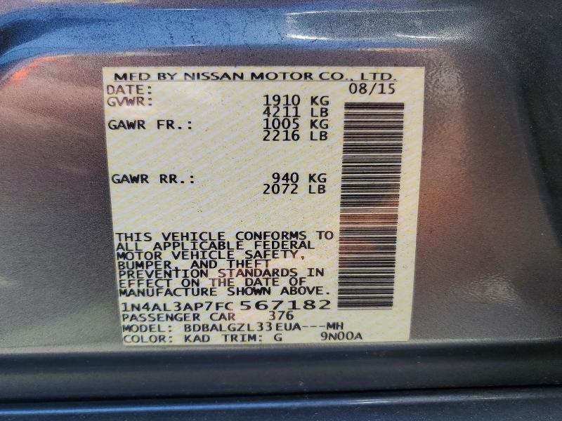 52807126 :رقم المزاد ، 1N4AL3AP7FC567182 vin ، 2015 Nissan Altima مزاد بيع