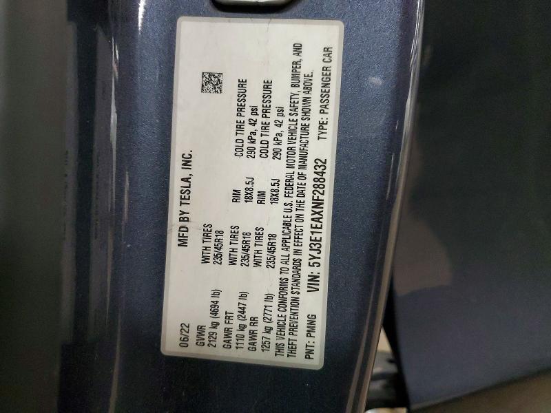 Aukcja sprzedaży 2022 Tesla Model 3, vin: 5YJ3E1EAXNF288432, numer aukcji: 52197486