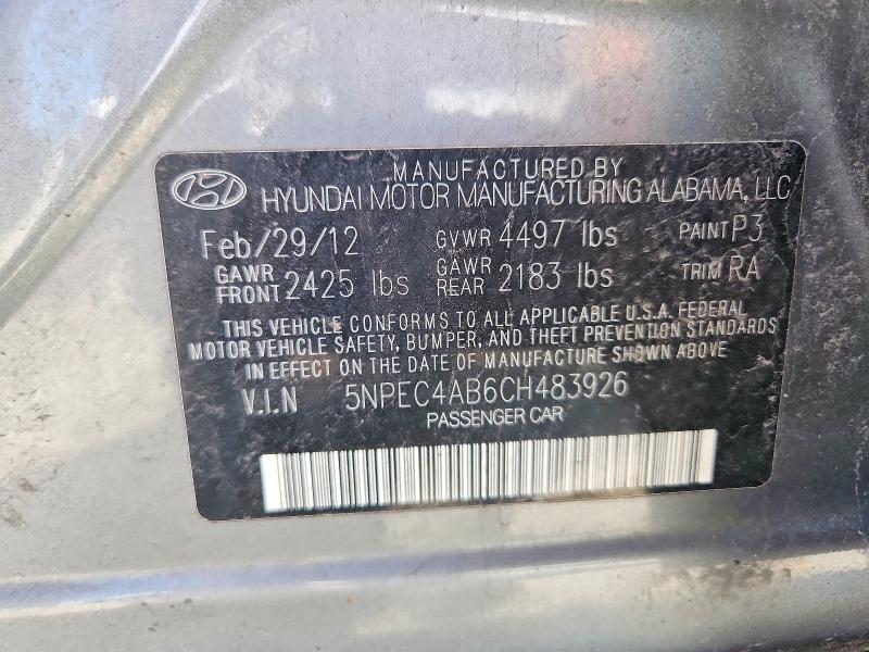 2012 Hyundai Sonata მანქანა იყიდება აუქციონზე, vin: 5NPEC4AB6CH483926, აუქციონის ნომერი: 53238966