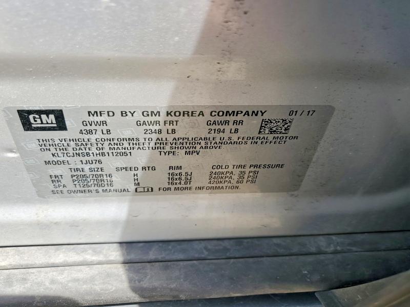 Aukcja sprzedaży 2017 Chevrolet Trax, vin: KL7CJNSB1HB112051, numer aukcji: 54523436