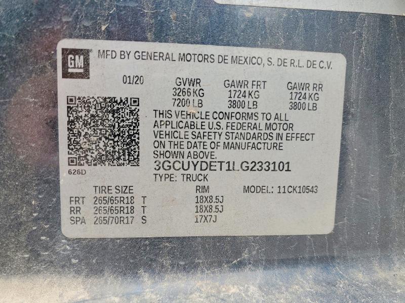 Продаж на аукціоні авто 2020 Chevrolet Silverado, vin: 3GCUYDET1LG233101, номер лоту: 54467906