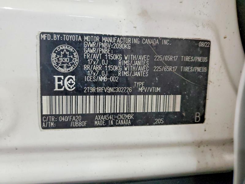 Aukcja sprzedaży 2022 Toyota Rav4, vin: 2T3R1RFV9NC302726, numer aukcji: 53901126