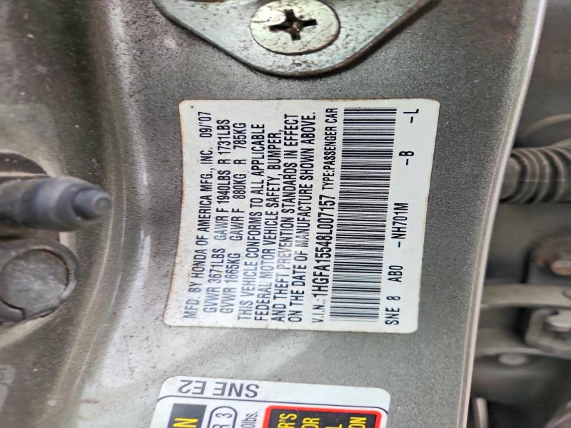 2008 Honda Civic მანქანა იყიდება აუქციონზე, vin: 1HGFA15548L007157, აუქციონის ნომერი: 52681966