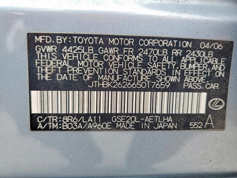 Продаж на аукціоні авто 2006 Lexus Is, vin: JTHBK262665017659, номер лоту: 52545246
