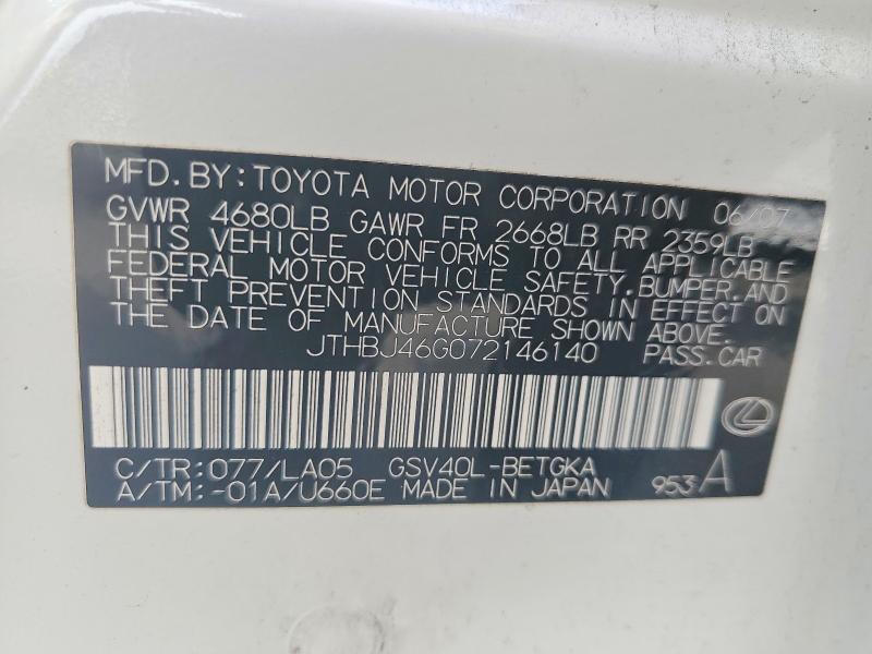 52319216 :رقم المزاد ، JTHBJ46G072146140 vin ، 2007 Lexus Es مزاد بيع