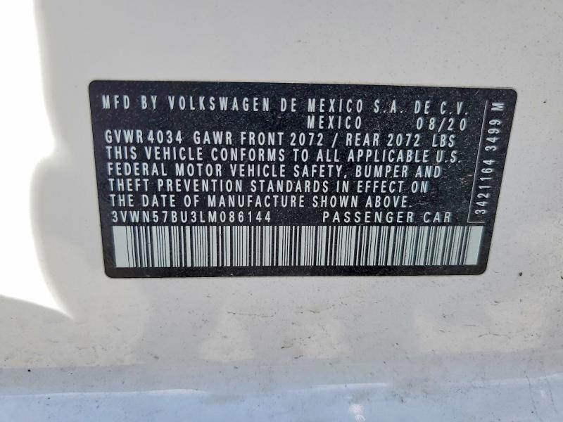 Продаж на аукціоні авто 2020 Volkswagen Jetta, vin: 3VWN57BU3LM086144, номер лоту: 52231226