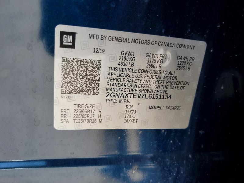 54601906 :رقم المزاد ، 2GNAXTEV7L6191134 vin ، 2020 Chevrolet Equinox مزاد بيع
