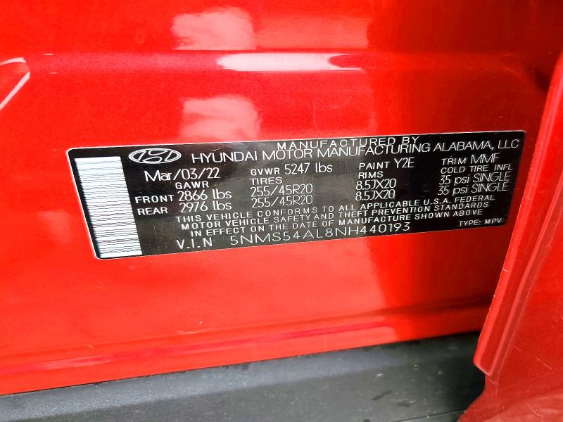 Aukcja sprzedaży 2022 Hyundai Santa Fe, vin: 5NMS54AL8NH440193, numer aukcji: 54311506