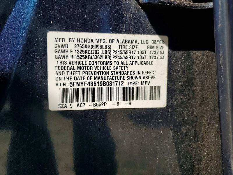 Aukcja sprzedaży 2009 Honda Pilot, vin: 5FNYF48619B031712, numer aukcji: 54984916