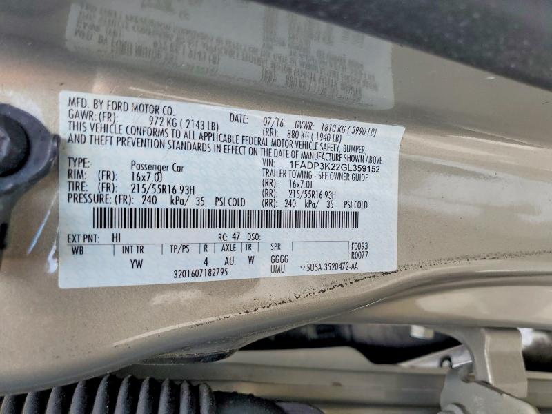 2016 Ford Focus მანქანა იყიდება აუქციონზე, vin: 1FADP3K22GL359152, აუქციონის ნომერი: 53700536