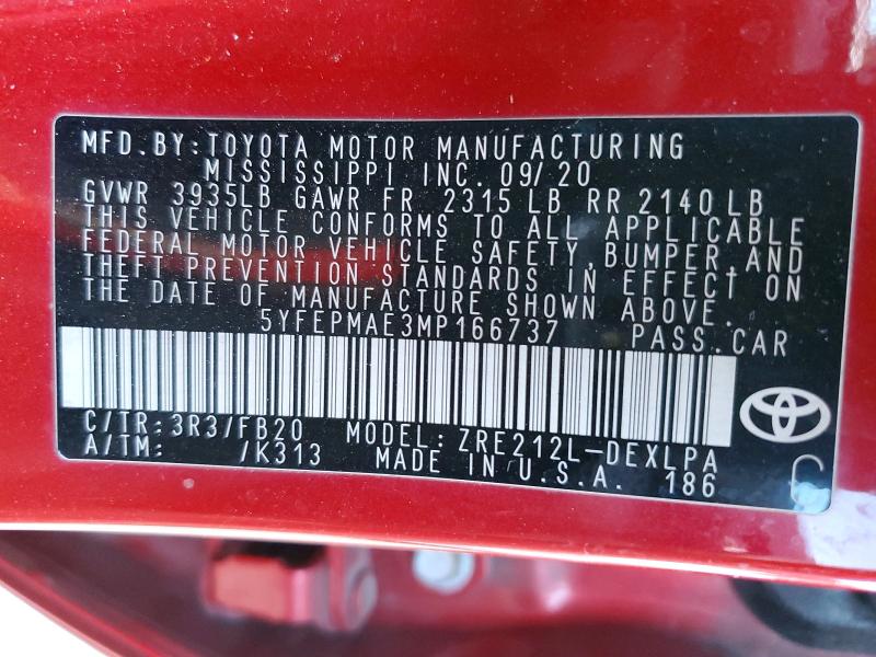Продажа на аукционе авто 2021 Toyota Corolla, vin: 5YFEPMAE3MP166737, номер лота: 52839776