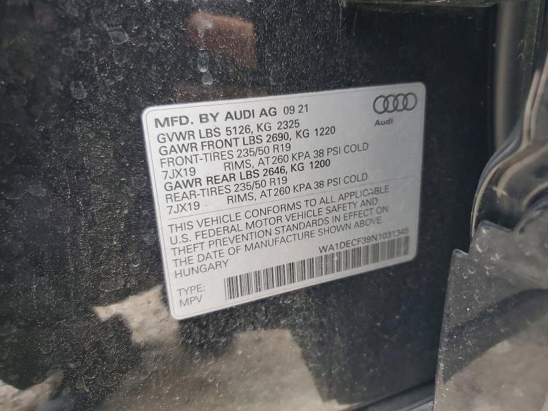 2022 Audi Q3 მანქანა იყიდება აუქციონზე, vin: WA1DECF39N1031345, აუქციონის ნომერი: 52681306