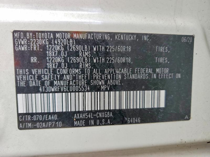 53375026 :رقم المزاد ، 4T3DWRFV6LU005534 vin ، 2020 Toyota Rav4 مزاد بيع
