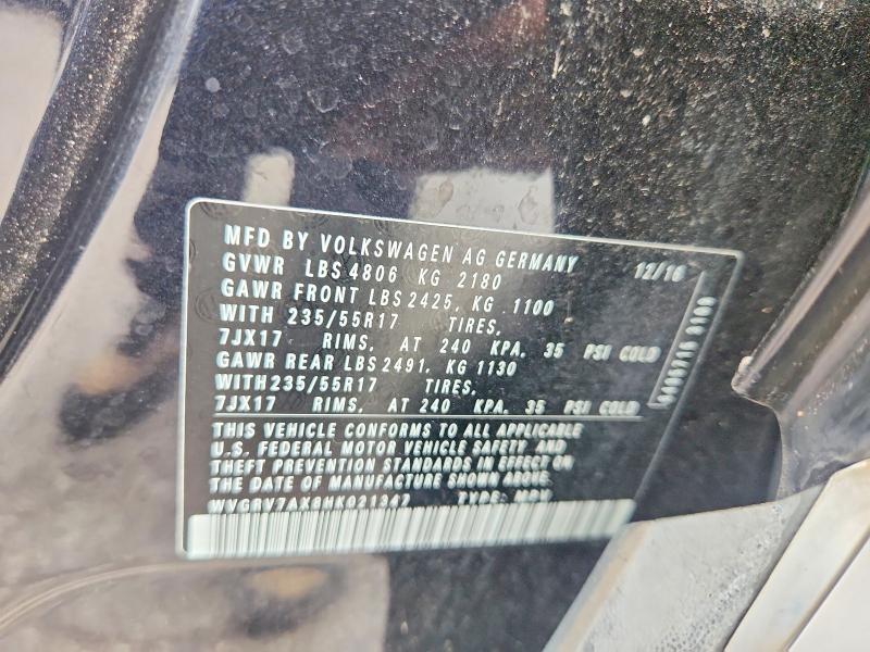 54528306 :رقم المزاد ، WVGRV7AX8HK021347 vin ، 2017 Volkswagen Tiguan مزاد بيع