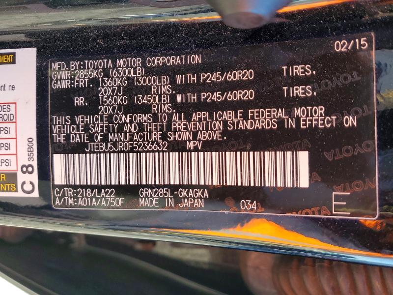 52747176 :رقم المزاد ، JTEBU5JR0F5236632 vin ، 2015 Toyota 4runner مزاد بيع