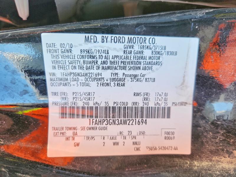 2010 Ford Focus S მანქანა იყიდება აუქციონზე, vin: 1FAHP3GN3AW221694, აუქციონის ნომერი: 52412536