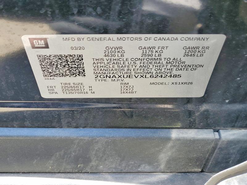 53365526 :رقم المزاد ، 2GNAXUEVXL6242485 vin ، 2020 Chevrolet Equinox مزاد بيع