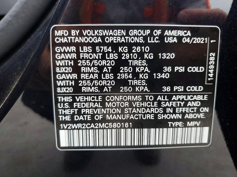 Продажа на аукционе авто 2021 Volkswagen Atlas, vin: 1V2WR2CA2MC580161, номер лота: 52318046
