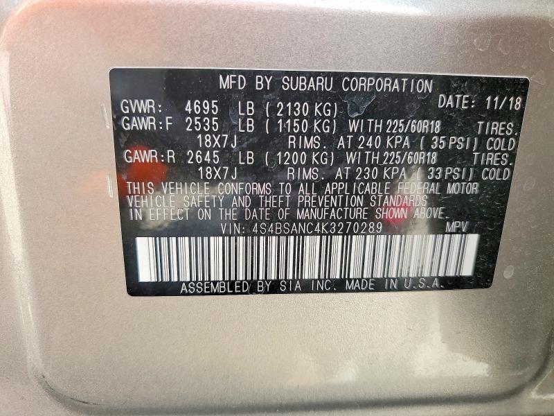 54225866 :رقم المزاد ، 4S4BSANC4K3270289 vin ، 2019 Subaru Outback مزاد بيع