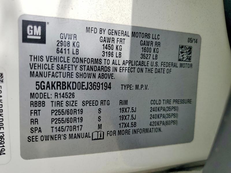 52826486 :رقم المزاد ، 5GAKRBKD0EJ369194 vin ، 2014 Buick Enclave مزاد بيع