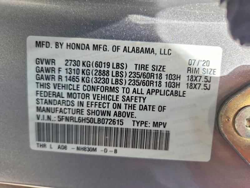 55222466 :رقم المزاد ، 5FNRL6H50LB072615 vin ، 2020 Honda Odyssey مزاد بيع