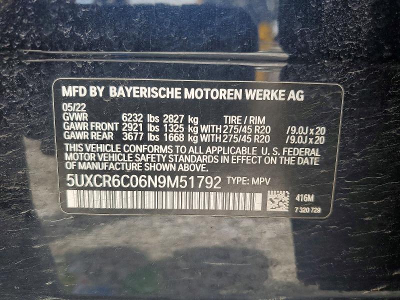 53074956 :رقم المزاد ، 5UXCR6C06N9M51792 vin ، 2022 Bmw X5 مزاد بيع