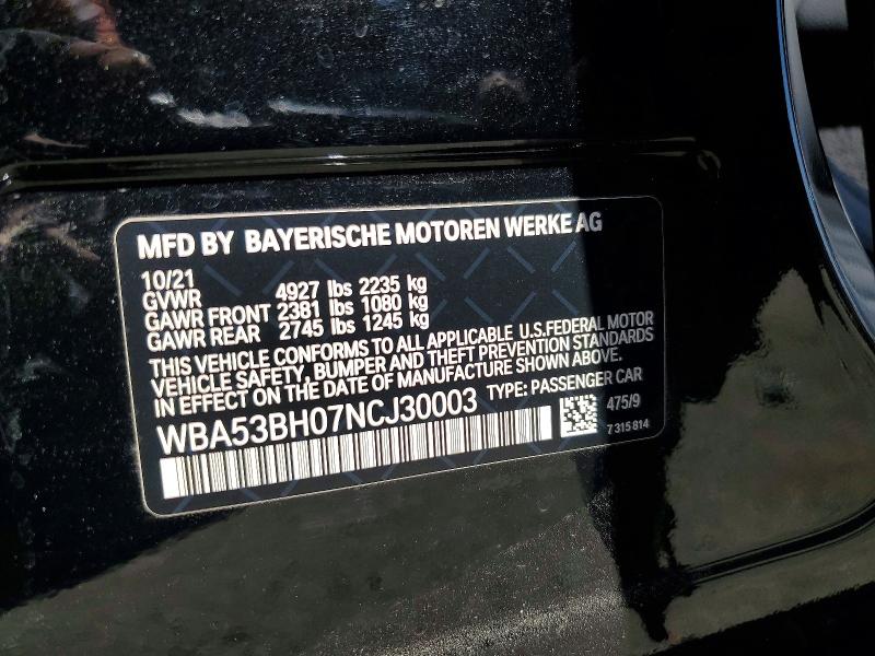 52882146 :رقم المزاد ، WBA53BH07NCJ30003 vin ، 2022 Bmw 530 مزاد بيع