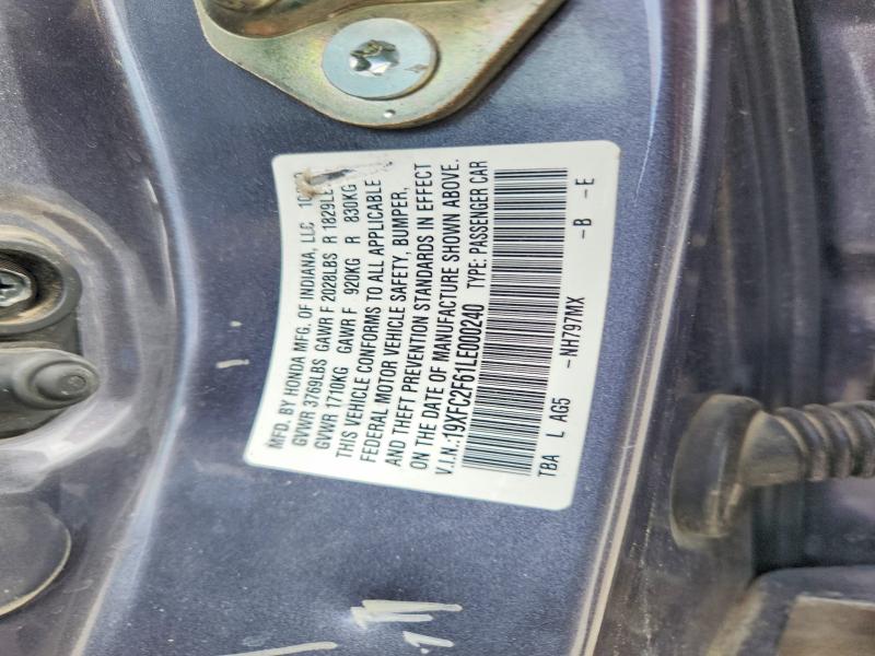 2020 Honda Civic მანქანა იყიდება აუქციონზე, vin: 19XFC2F61LE000240, აუქციონის ნომერი: 52747466