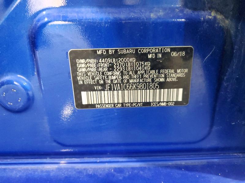2019 Subaru Wrx მანქანა იყიდება აუქციონზე, vin: JF1VA1C66K9801805, აუქციონის ნომერი: 53937136