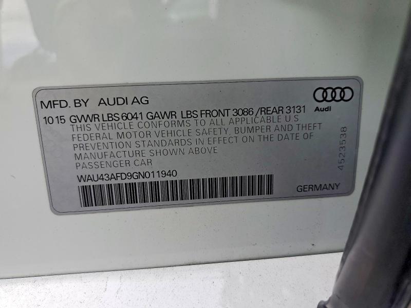 2016 Audi A8 მანქანა იყიდება აუქციონზე, vin: WAU43AFD9GN011940, აუქციონის ნომერი: 52501076