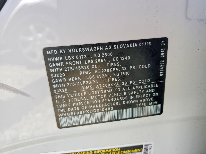 52270496 :رقم المزاد ، WVGEF9BPXDD010483 vin ، 2013 Volkswagen Touareg مزاد بيع