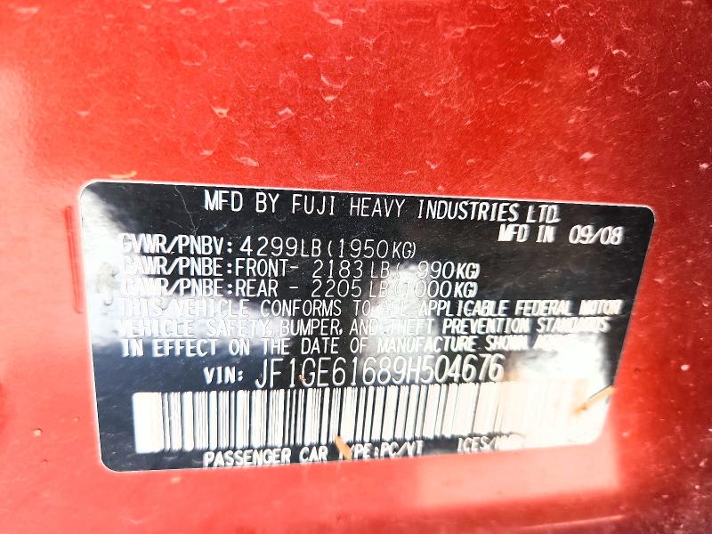 51801766 :رقم المزاد ، JF1GE61689H504676 vin ، 2009 Subaru Impreza مزاد بيع