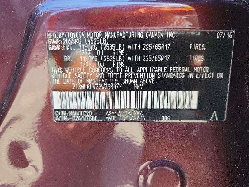 54534486 :رقم المزاد ، 2T3WFREV2GW298977 vin ، 2016 Toyota Rav4 مزاد بيع
