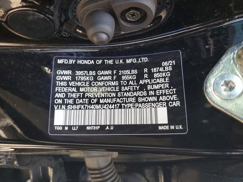 Aukcja sprzedaży 2021 Honda Civic, vin: SHHFK7H40MU424417, numer aukcji: 52191076