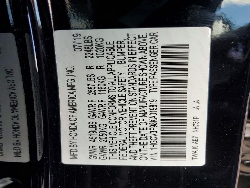 Продажа на аукционе авто 2019 Honda Accord, vin: 1HGCV3F98KA019819, номер лота: 55457996