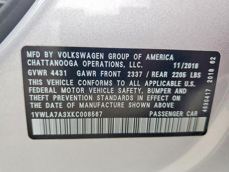 Aukcja sprzedaży 2019 Volkswagen Passat, vin: 1VWLA7A3XKC008567, numer aukcji: 54897446