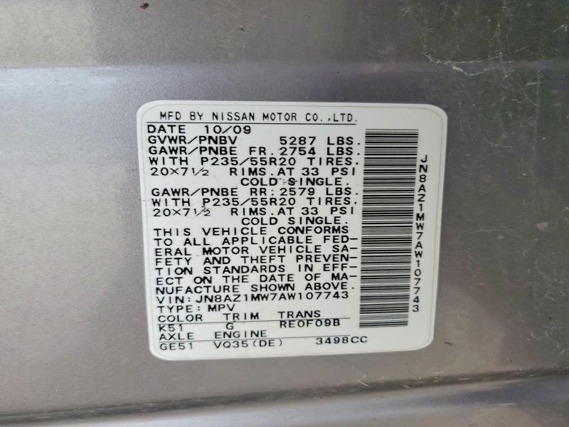 Продаж на аукціоні авто 2010 Nissan Murano, vin: JN8AZ1MW7AW107743, номер лоту: 52102256