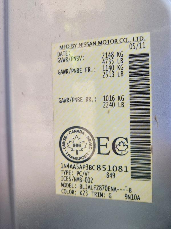 53725156 :رقم المزاد ، 1N4AA5AP3BC851081 vin ، 2011 Nissan Maxima مزاد بيع