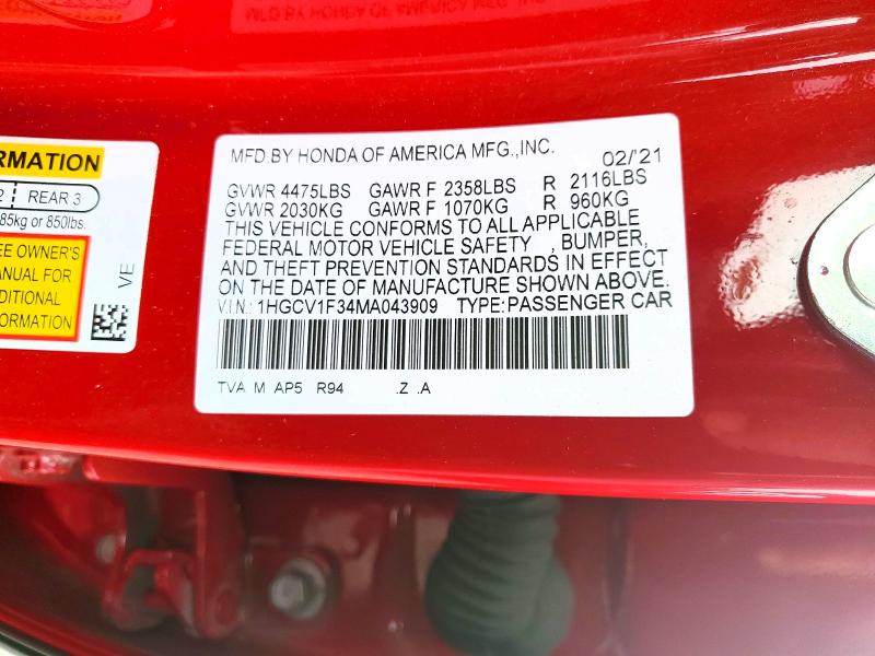 52248576 :رقم المزاد ، 1HGCV1F34MA043909 vin ، 2021 Honda Accord مزاد بيع