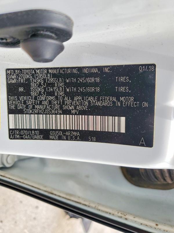 52734636 :رقم المزاد ، 5TDKZRFH2JS536494 vin ، 2018 Toyota Highlander مزاد بيع