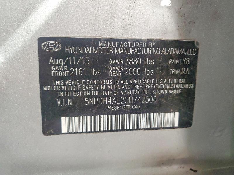 54137346 :رقم المزاد ، 5NPDH4AE2GH742506 vin ، 2016 Hyundai Elantra مزاد بيع
