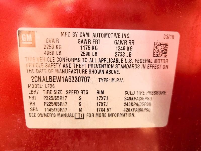53206296 :رقم المزاد ، 2CNALBEW1A6330707 vin ، 2010 Chevrolet Equinox مزاد بيع