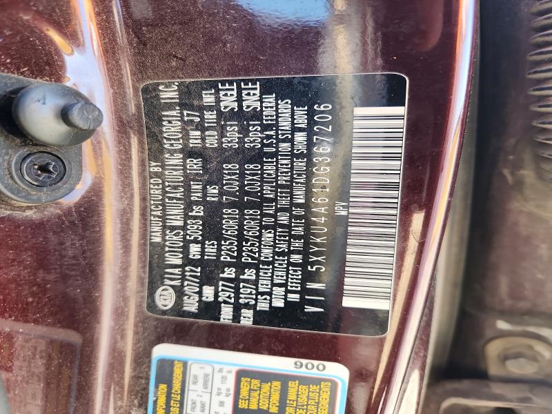 53918836 :رقم المزاد ، 5XYKU4A61DG367206 vin ، 2013 Kia Sorento مزاد بيع
