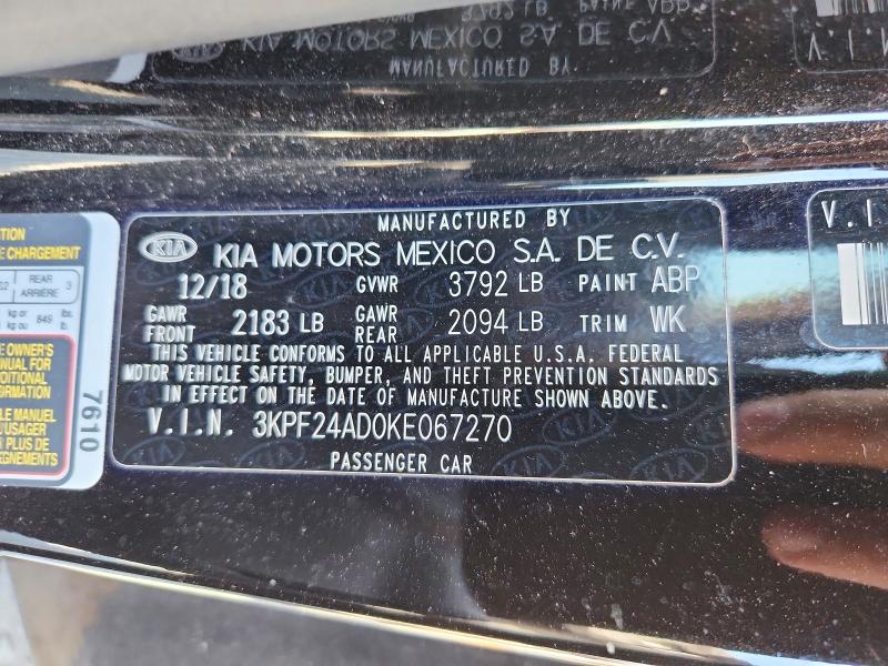 53393726 :رقم المزاد ، 3KPF24AD0KE067270 vin ، 2019 Kia Forte مزاد بيع