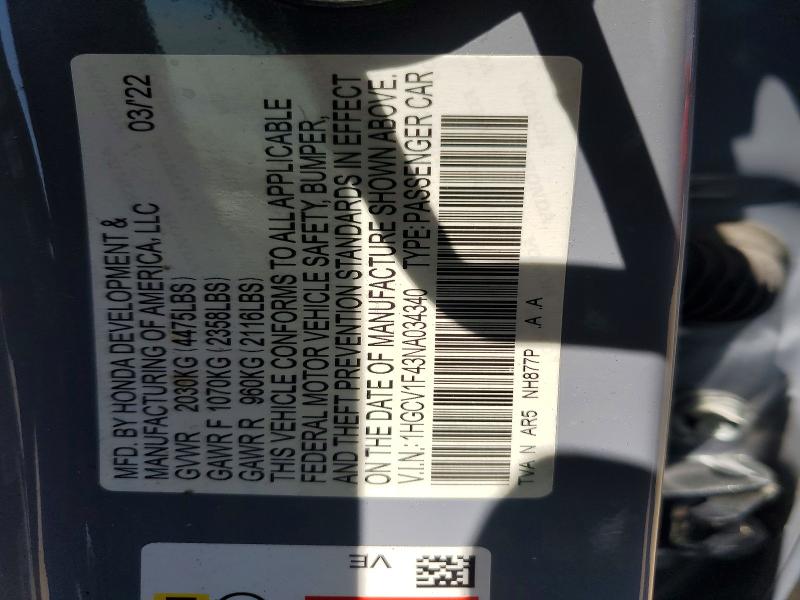 54496086 :رقم المزاد ، 1HGCV1F43NA034340 vin ، 2022 Honda Accord مزاد بيع