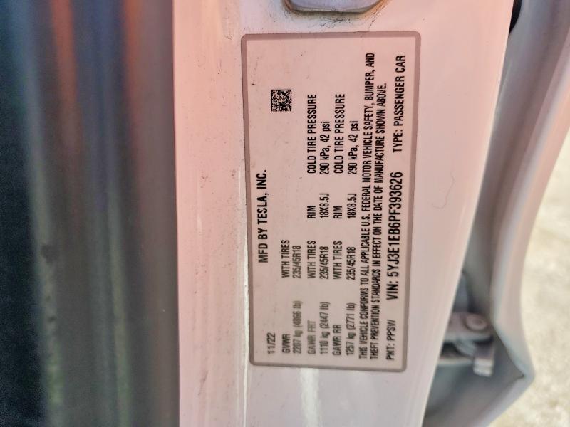 2023 Tesla Model 3 მანქანა იყიდება აუქციონზე, vin: 5YJ3E1EB6PF393626, აუქციონის ნომერი: 53201086